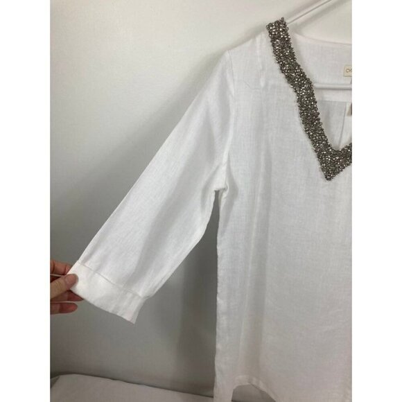 Womens Cynthia Rowley Linen Beaded Tunic Top White S - Picture 3 of 10